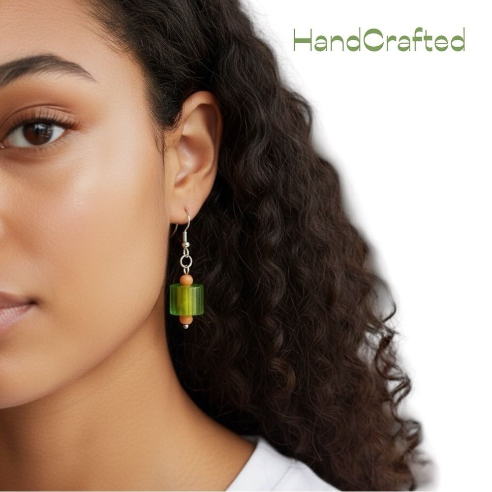 HandCrafted Green Glass Orange Beaded Silver Earrings NWT Coastal Cowgirl